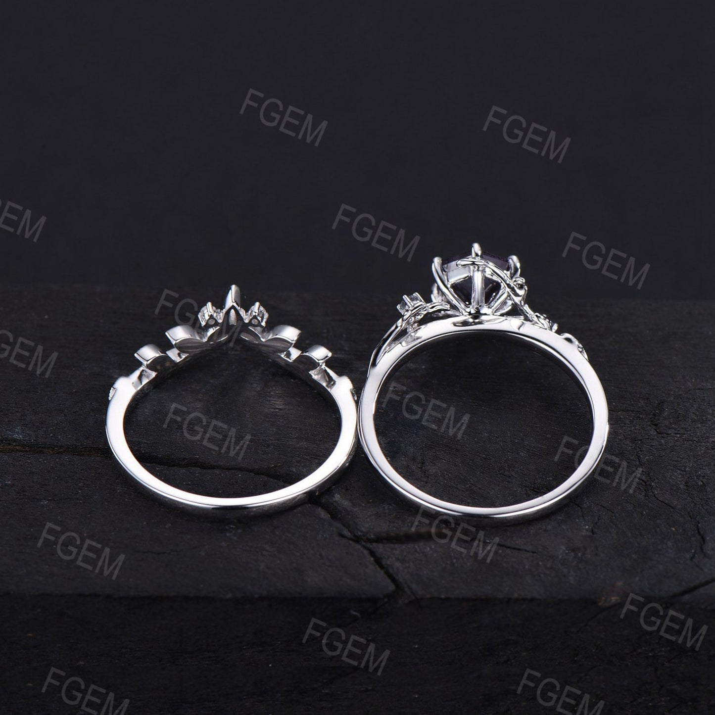 Nature Inspired Alexandrite Solitaire Ring Set 1ct Hexagon Color-Change Alexandrite Engagement Rings Leaf Vine Celtic Knot Bridal Ring Set