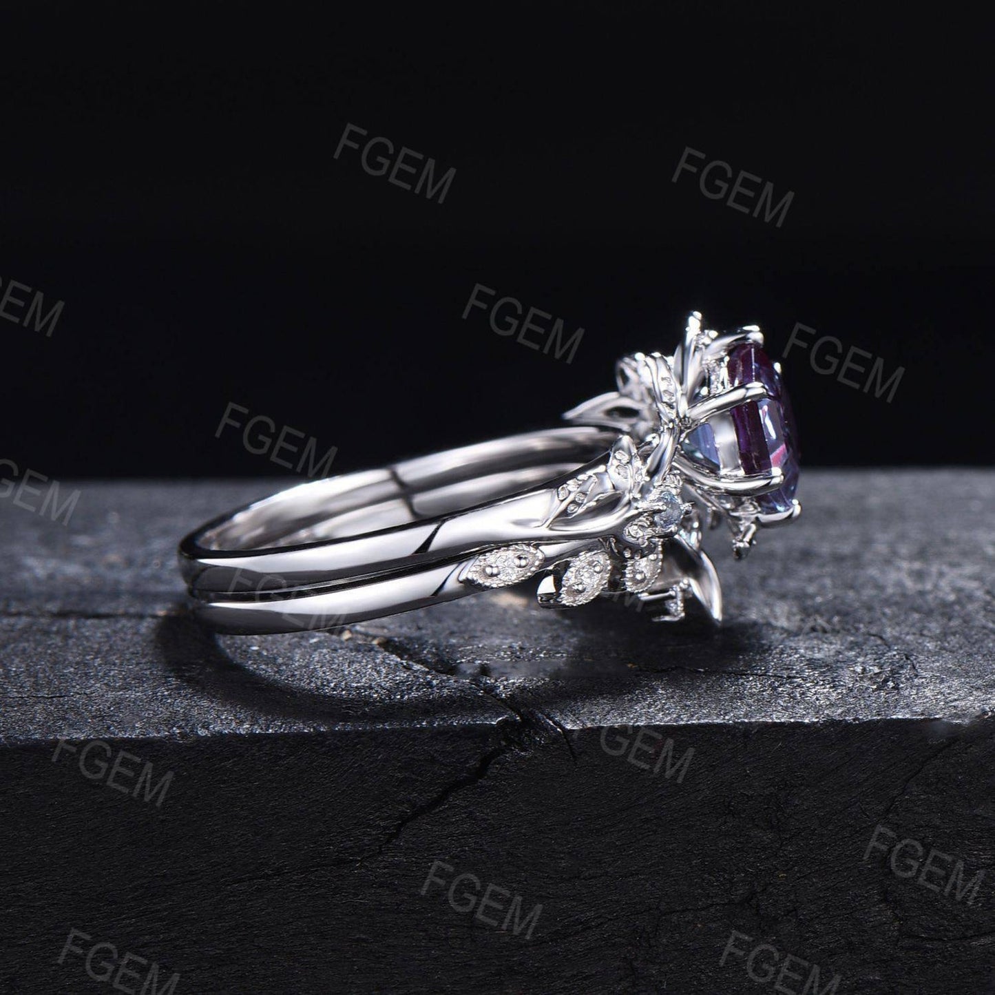 Nature Inspired Alexandrite Solitaire Ring Set 1ct Hexagon Color-Change Alexandrite Engagement Rings Leaf Vine Celtic Knot Bridal Ring Set