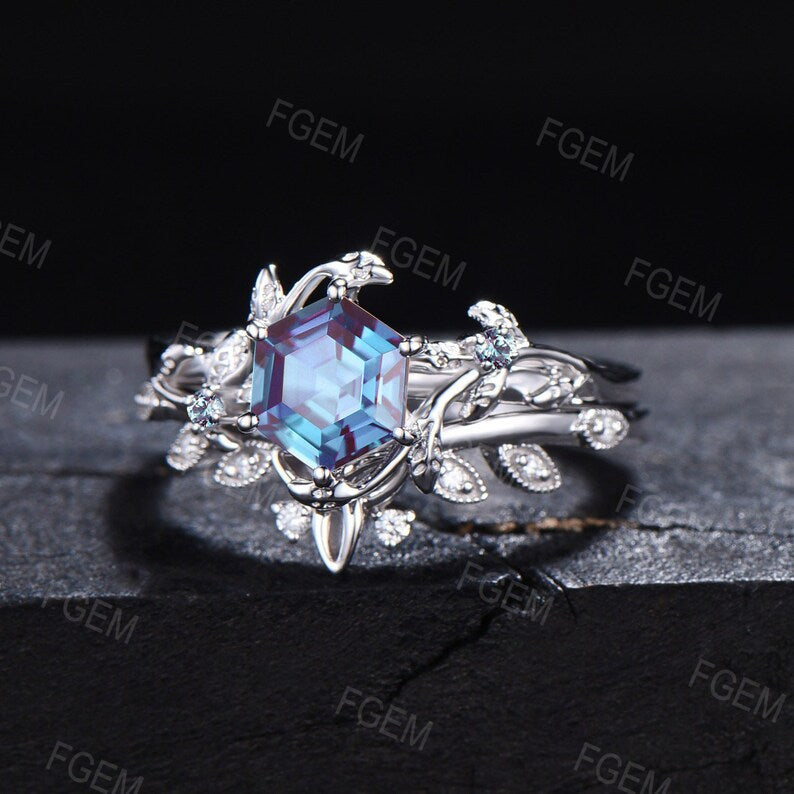 Nature Alexandrite Wedding Ring Set 10K/14K/18K Rose Gold Unique 1ct Hexagon Alexandrite Leaf Ring Set Celtic Knot Bridal Set Promise Ring