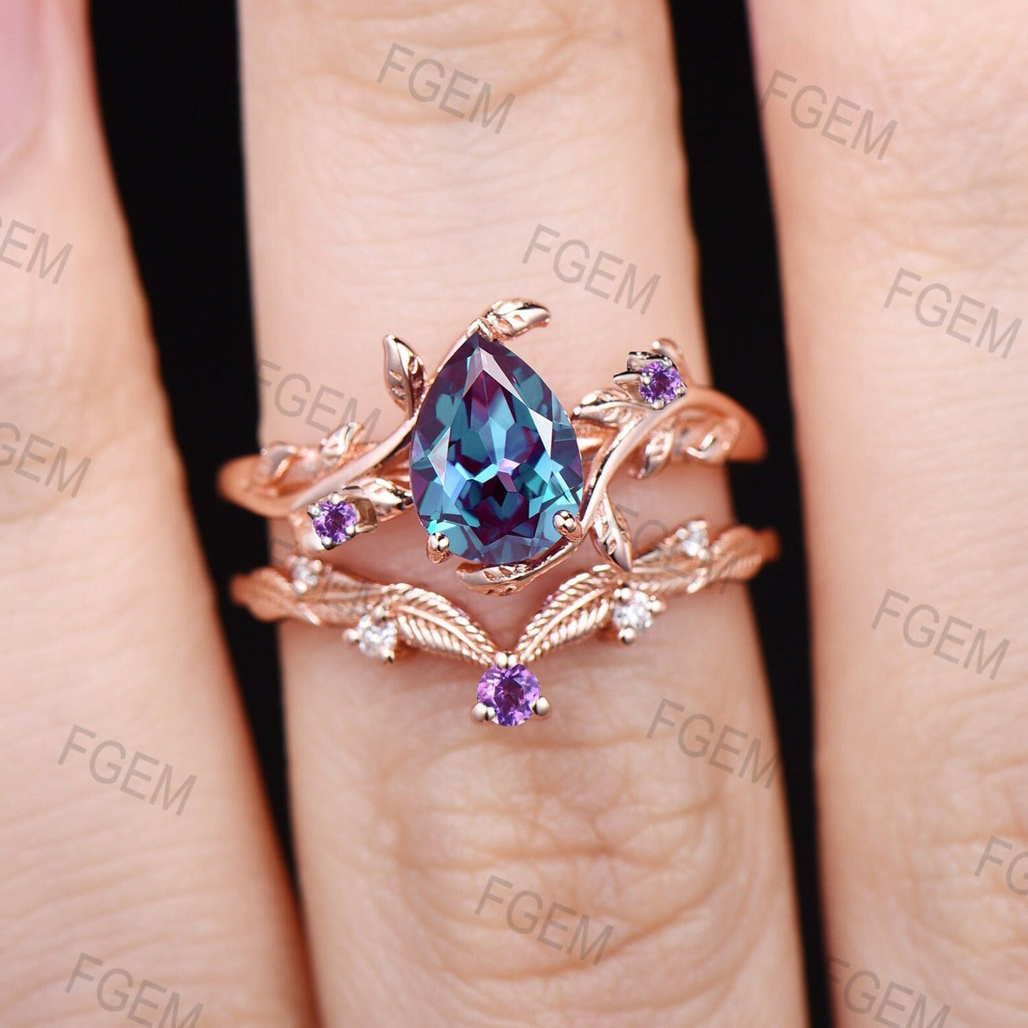 Branch Style Alexandrite Moonstone Ring Set 1.25ct Teardrop Alexandrite Engagement Ring June Birthstone Wedding Ring Leaf Nature Bridal Set