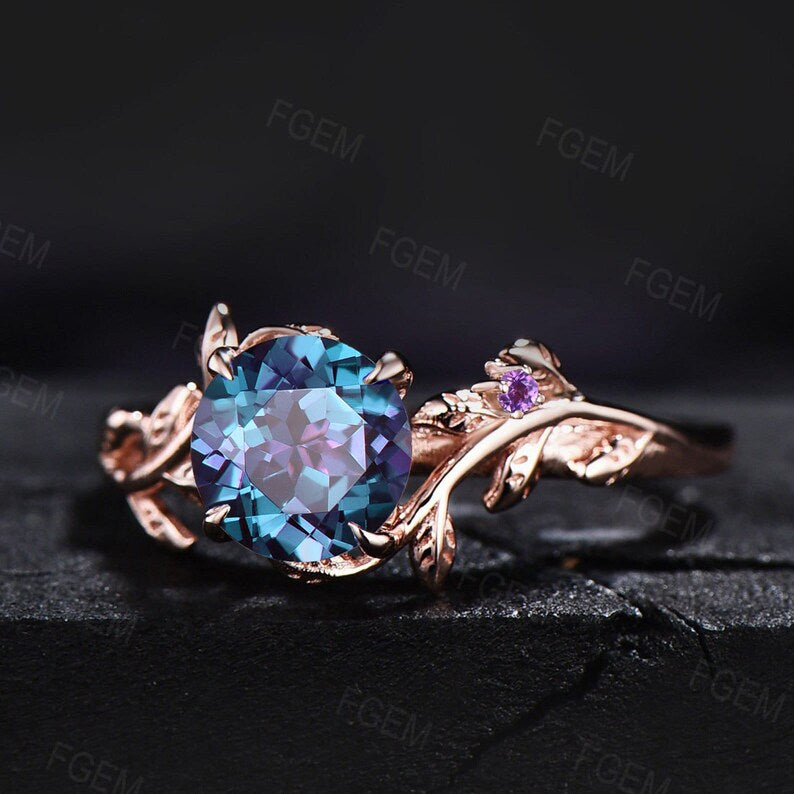Nature Inspired Round Cut Color-Change Alexandrite Ring Vintage 1ct Alexandtite Nature Wedding Ring Leaf Branch Style Cluster Amethyst Ring