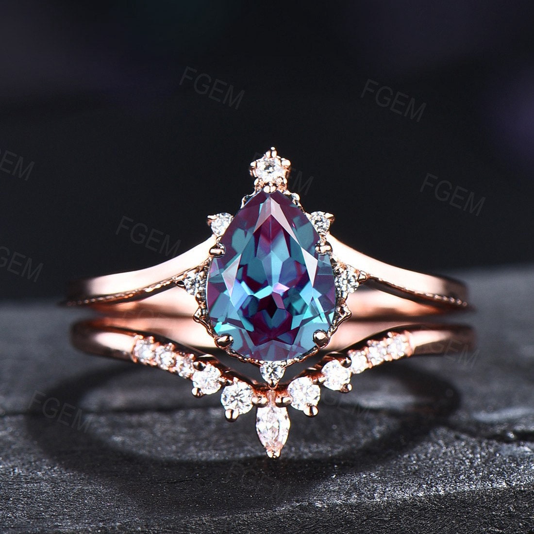 Alexandrite Engagement Ring Set Sterling Silver Vintage Pear Shaped Alexandrite Ring Set Curve Wedding Band Personalized Anniversary Gift