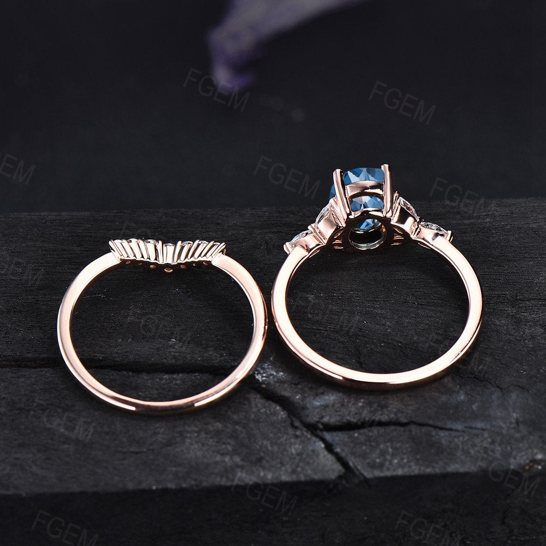 Sterling Silver Natural London Blue Topaz Ring Gemstone Ring Set Topaz Engagement Ring Set December Birthstone Ring Bridal Set Wedding Gift