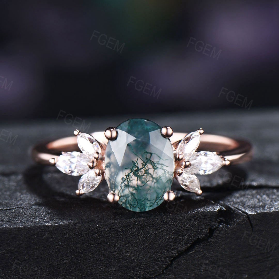 Oval Cut moss agate engagement Rings Sterling Silver Vintage Marquise Art Deco ring natural gemstone Ring Anniversary Birthday Gift For Her