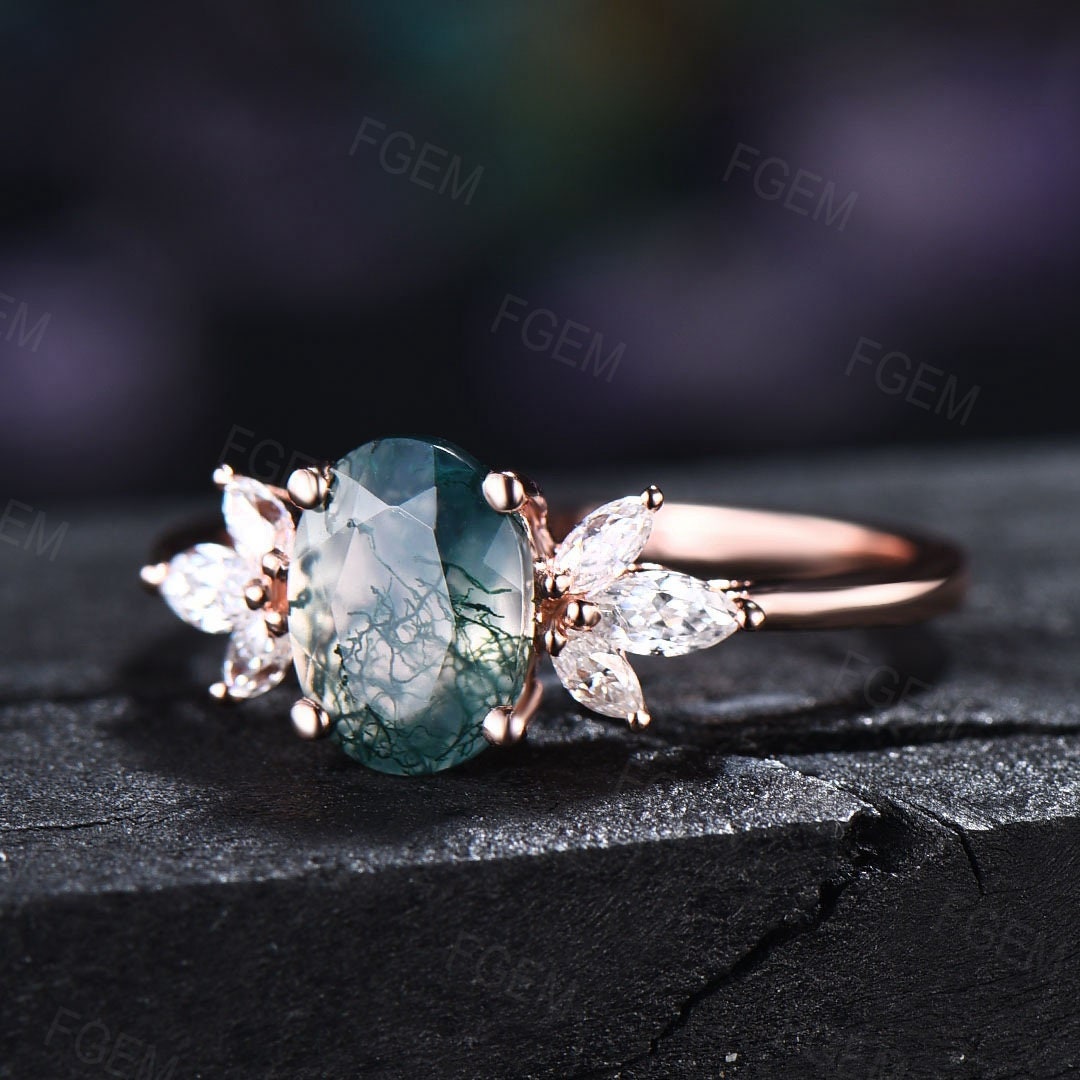 Oval Cut moss agate engagement Rings Sterling Silver Vintage Marquise Art Deco ring natural gemstone Ring Anniversary Birthday Gift For Her