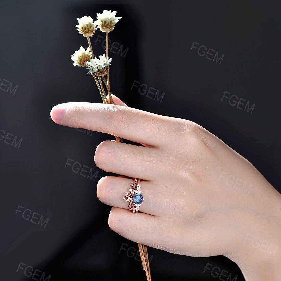 Alexandrite Engagement Ring Set Unique Hexagon Ring Vintage Alexandrite Ring Celtic Wedding Band Moonstone Bridal Set Woman Anniversary Gift