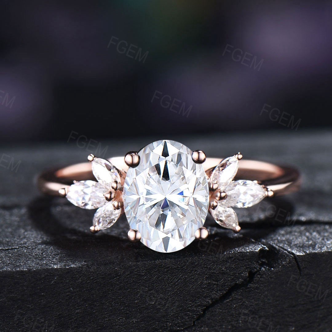Sterling Silver Oval Shape Diamonds Ring Cluster Ring Moissanite Engagement Rings Rose Gold Ring April Birthstone Anniversary Gift for Her