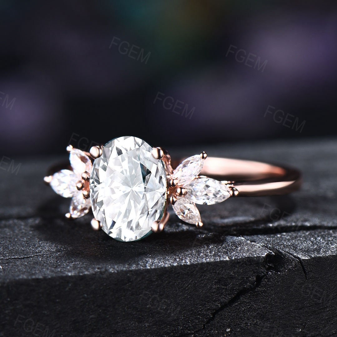 Sterling Silver Oval Shape Diamonds Ring Cluster Ring Moissanite Engagement Rings Rose Gold Ring April Birthstone Anniversary Gift for Her