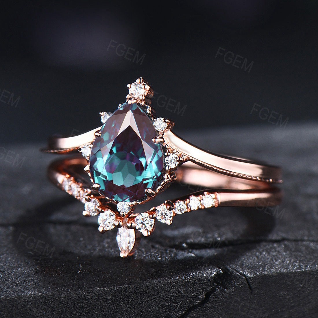 Alexandrite Engagement Ring Set Sterling Silver Vintage Pear Shaped Alexandrite Ring Set Curve Wedding Band Personalized Anniversary Gift