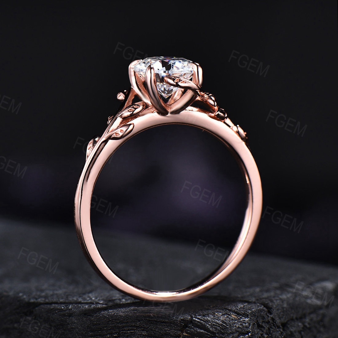 Round Cut Moissanite Ring Rose Gold Diamond Engagement Ring Leaf and Vine Gemstone Ring Solitaire Wedding Ring Bridal Anniversary Gift Women