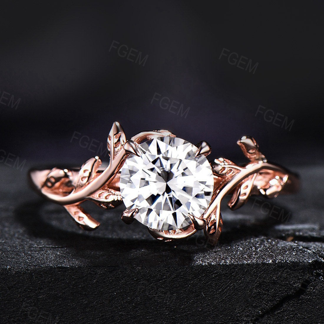 Round Cut Moissanite Ring Rose Gold Diamond Engagement Ring Leaf and Vine Gemstone Ring Solitaire Wedding Ring Bridal Anniversary Gift Women