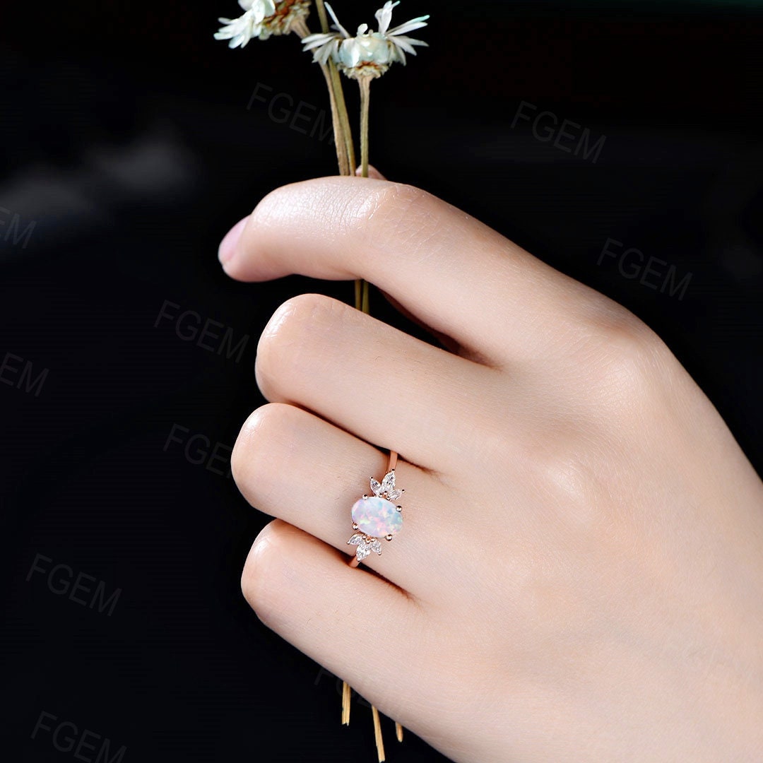 White Opal Ring for Women Rose Gold Ring Oval Opal Engagement Ring Sterling Silver CZ Diamond Cluster Ring October Birthstone Jewelry Gift