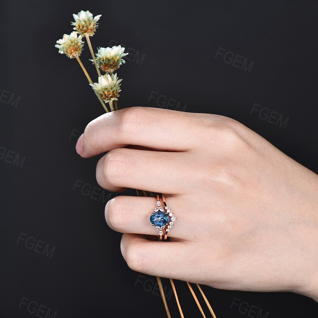 Sterling Silver Natural London Blue Topaz Ring Gemstone Ring Set Topaz Engagement Ring Set December Birthstone Ring Bridal Set Wedding Gift