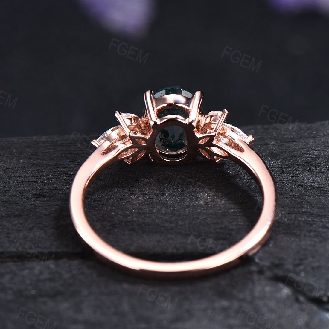 Unique 1.5ct Oval Natural Moss Agate Engagement Ring Set Cluster Moissanite Wedding Ring Vintage 10K Rose Gold Green Agate Stone Bridal Sets
