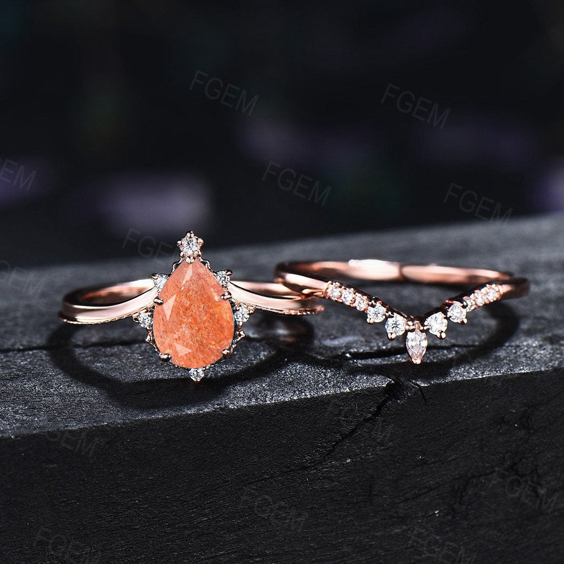 Pear Sunstone Ring Set Rose Gold Natural Sunstone Diamond Ring Orange Gemstone Engagement Rings For Women Nature Gems Ring Healing Ring Gift