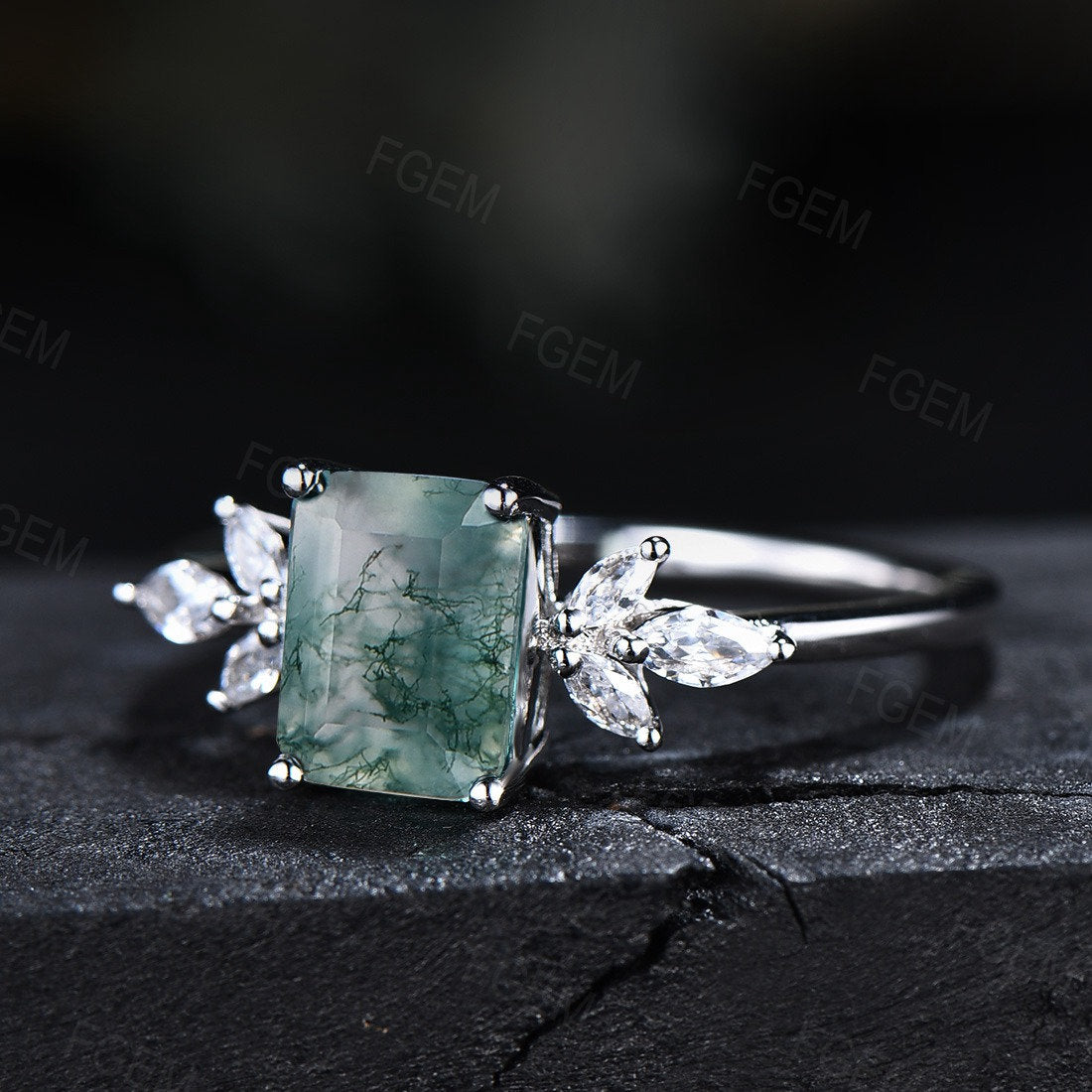 Emerald Cut Natural Moss Agate Ring Sterling Silver Cluster Promise Ring Green Crystal Ring Statement Ring for Women Proposal Birthday Gift