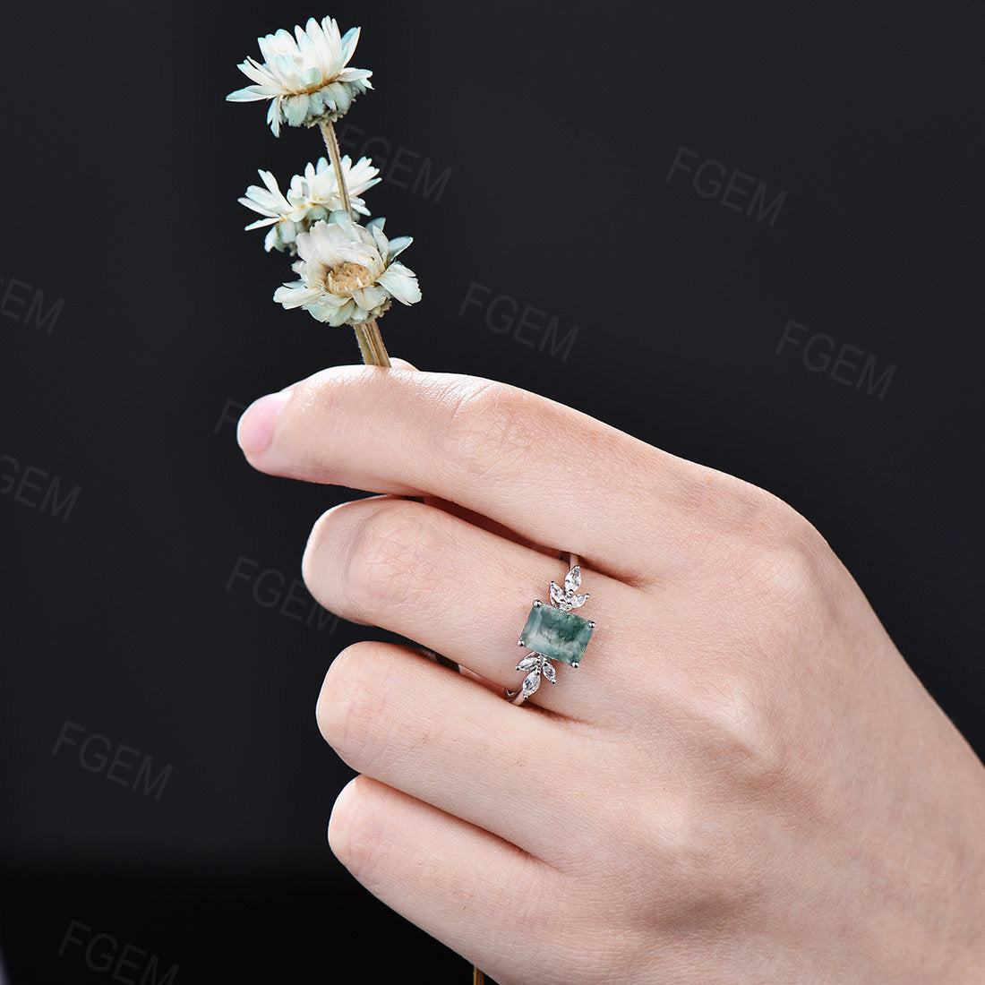 Emerald Cut Natural Moss Agate Ring Sterling Silver Cluster Promise Ring Green Crystal Ring Statement Ring for Women Proposal Birthday Gift