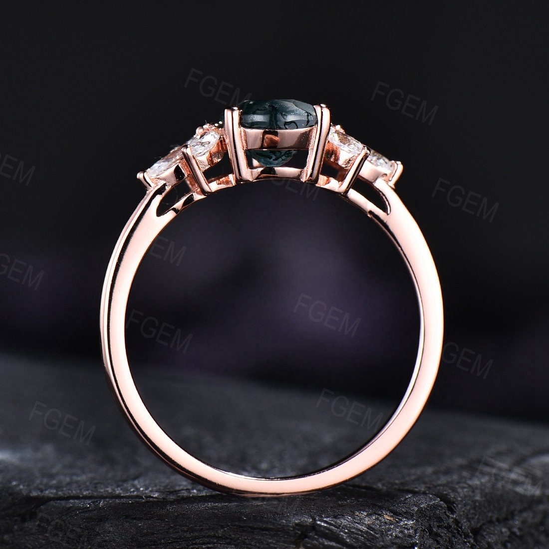Pear Natural Moss Agate Engagement Ring Sterling Silver Marquise CZ Diamond Ring Bridal Anniversary Promise Ring Healing Gemstone Ring Women