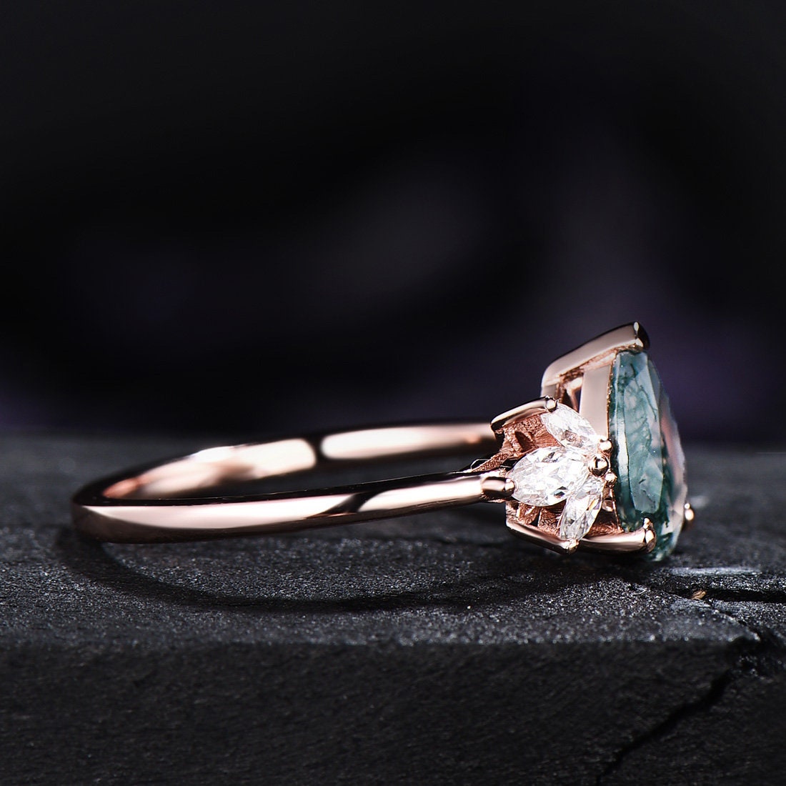 Pear Natural Moss Agate Engagement Ring Sterling Silver Marquise CZ Diamond Ring Bridal Anniversary Promise Ring Healing Gemstone Ring Women