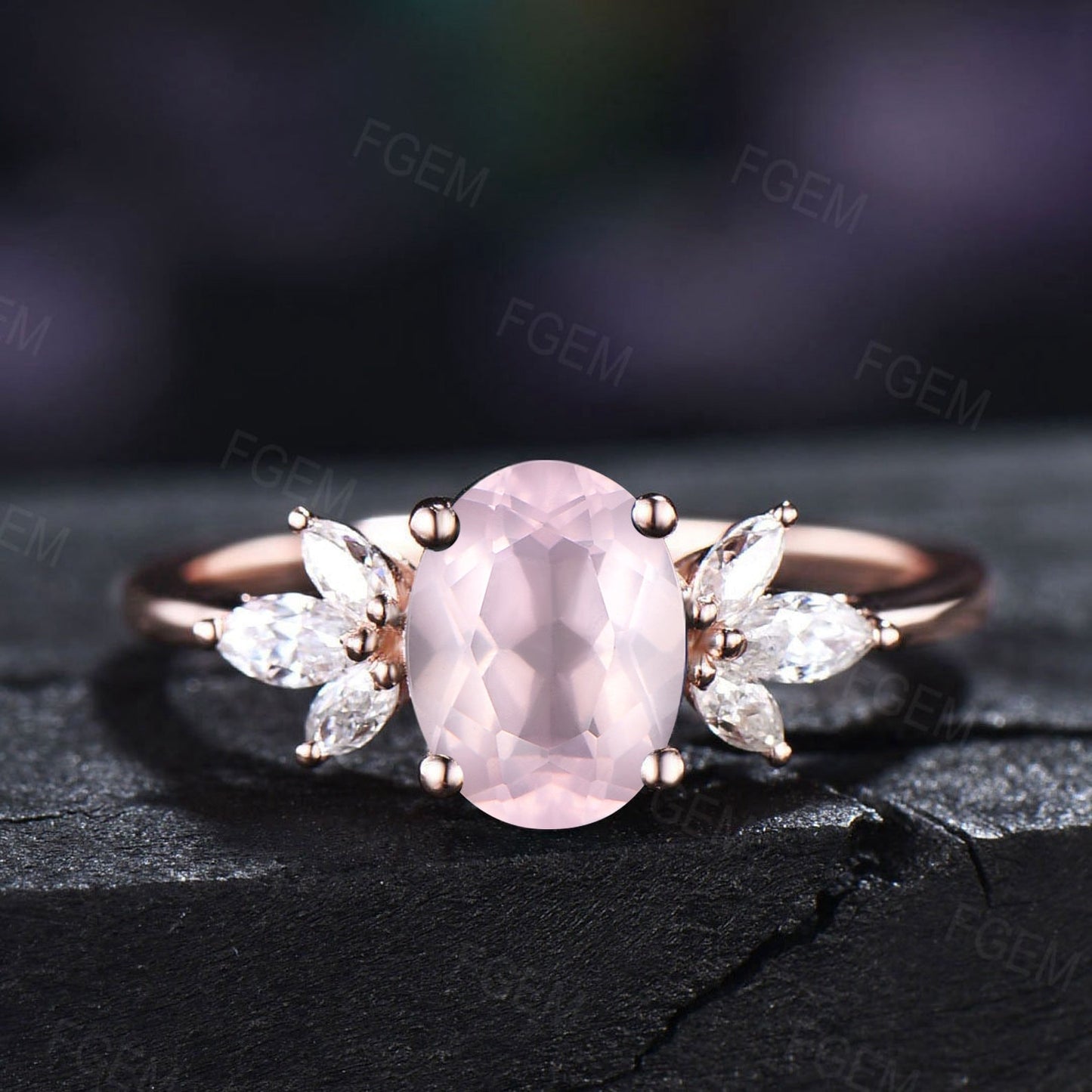 Natural Crystal Ring Rose Quartz Ring Sterling Silver Oval Cut Cluster Engagement Ring Pink Stone Promise Ring Personalized Gift for Lover