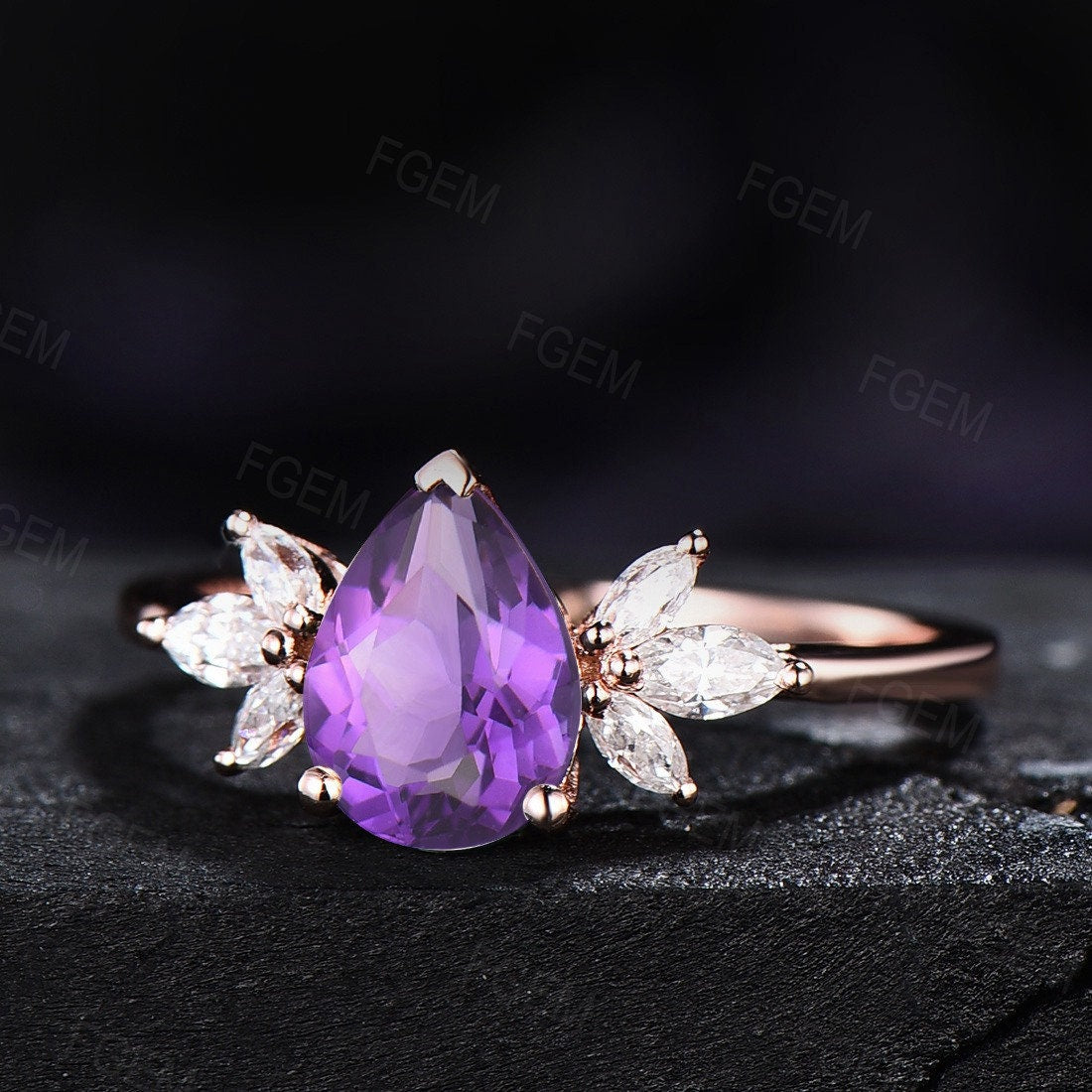 Sterling Silver Purple Engagement Rings Vintage Pear Natural Amethyst Wedding Ring February Birthstone Ring Birthday Gift Amethyst Jewelry