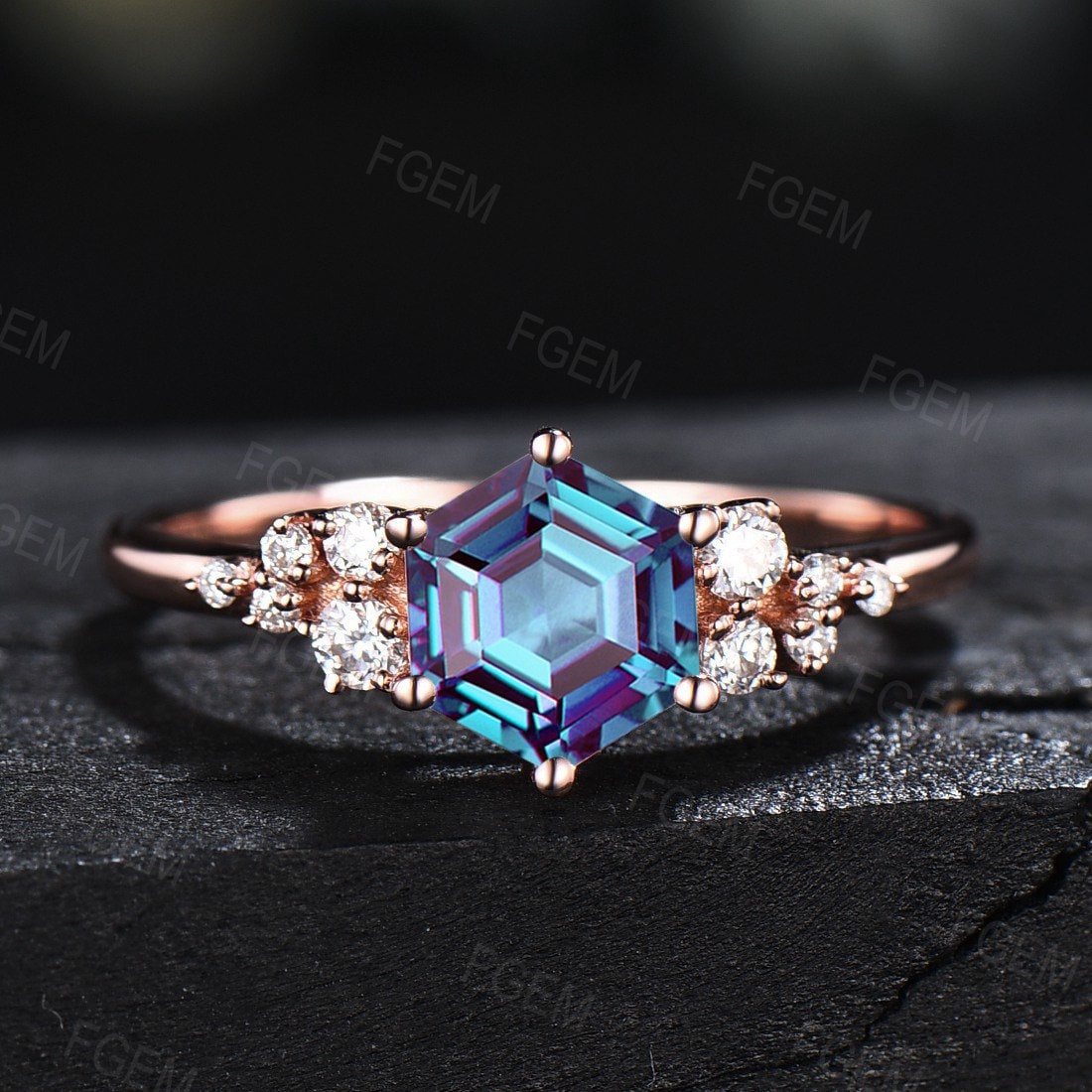 Snowdrift Engagement Ring Hexagon Alexandrite Ring Color Change Stone Alexandrite Wedding Ring June Birthstone Jewelry Unique Gemstone Ring