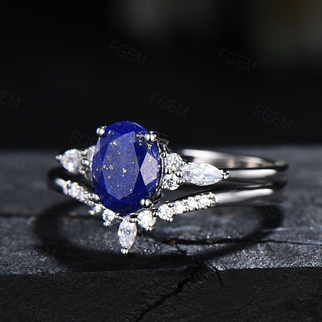 Oval Cut Natural Lapis Lazuli Ring Set Sterling Silver Womens Real Lapis And CZ Diamond Wedding Ring Set Blue Gemstone Antique Jewelry Gift