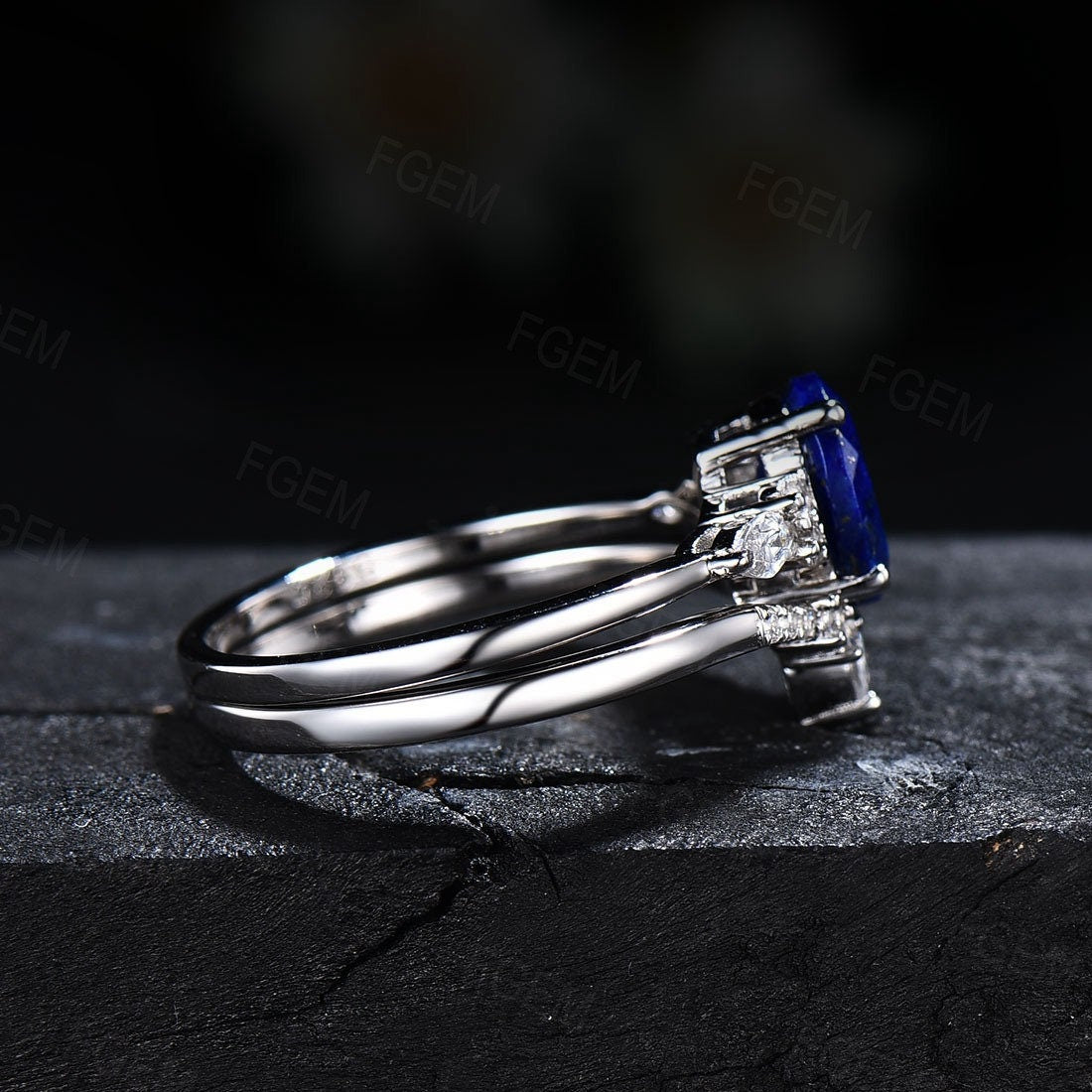 Oval Cut Natural Lapis Lazuli Ring Set Sterling Silver Womens Real Lapis And CZ Diamond Wedding Ring Set Blue Gemstone Antique Jewelry Gift