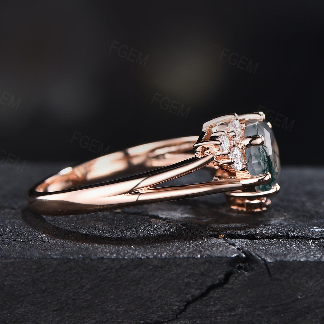 Hexagon Cluster Moss Agate Ring Gold Silver Unique Moss Agate Engagement Ring Cluster Alexandrite Moissanite Split Shank Promise Ring Women