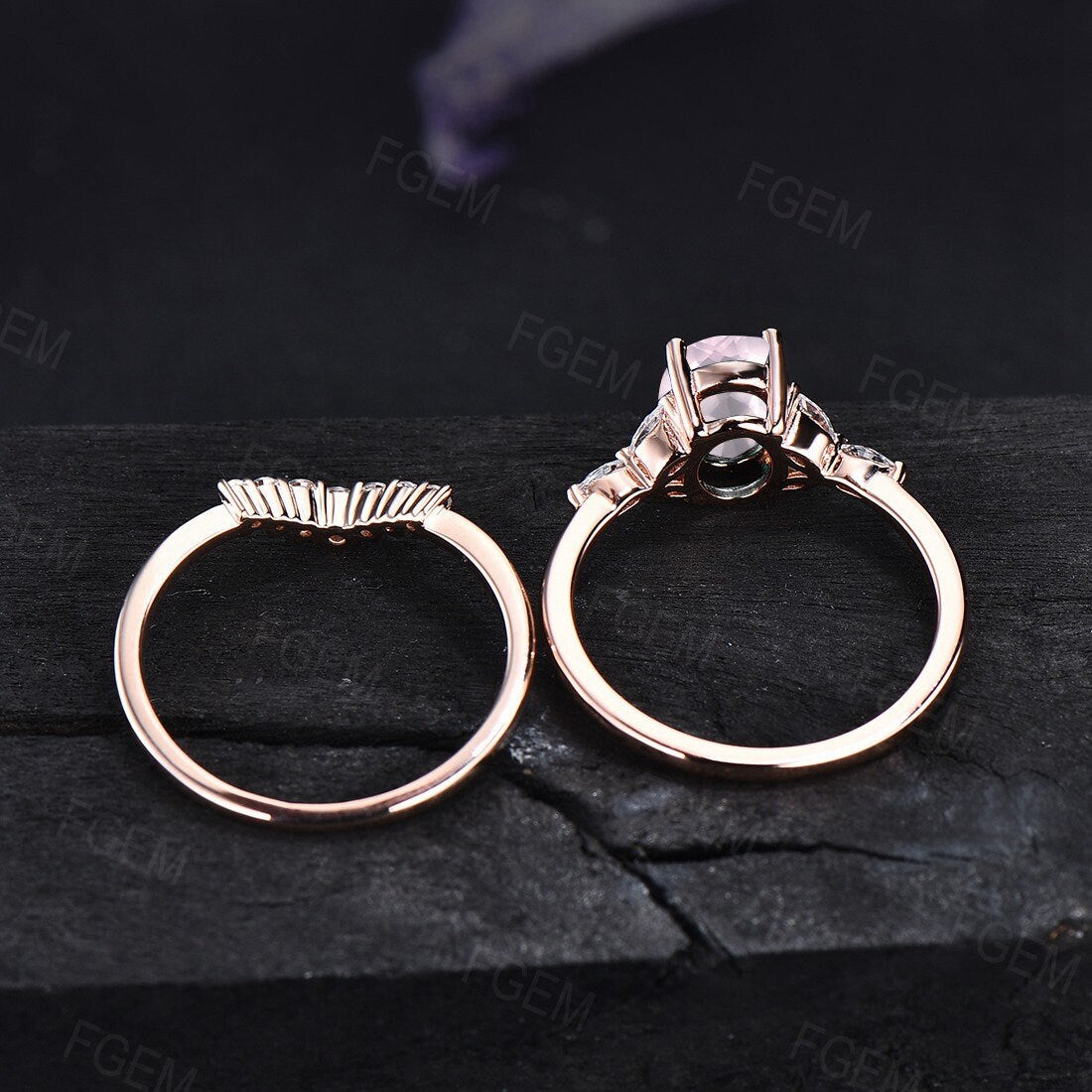 Natural Rose Quartz Ring Sterling Silver Bridal Ring Set Love Stone Ring Hexagon Engagement Ring Pink Crystal Ring Gift for Couple