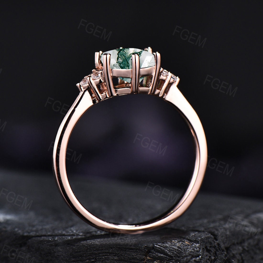 Hexagon Cut Natural Moss Agate Engagement Ring Vintage Aquatic Agate Ring Anniversary Gift Green Gemstone Ring Healing Crystal Jewelry