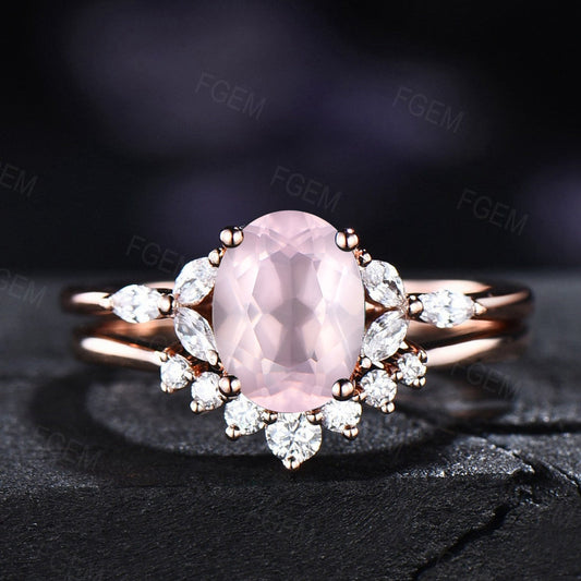 Natural Rose Quartz Ring Sterling Silver Bridal Ring Set Love Stone Ring Hexagon Engagement Ring Pink Crystal Ring Gift for Couple