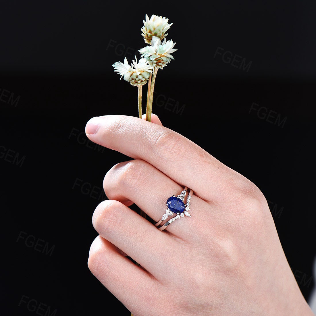 Oval Cut Natural Lapis Lazuli Ring Set Sterling Silver Womens Real Lapis And CZ Diamond Wedding Ring Set Blue Gemstone Antique Jewelry Gift