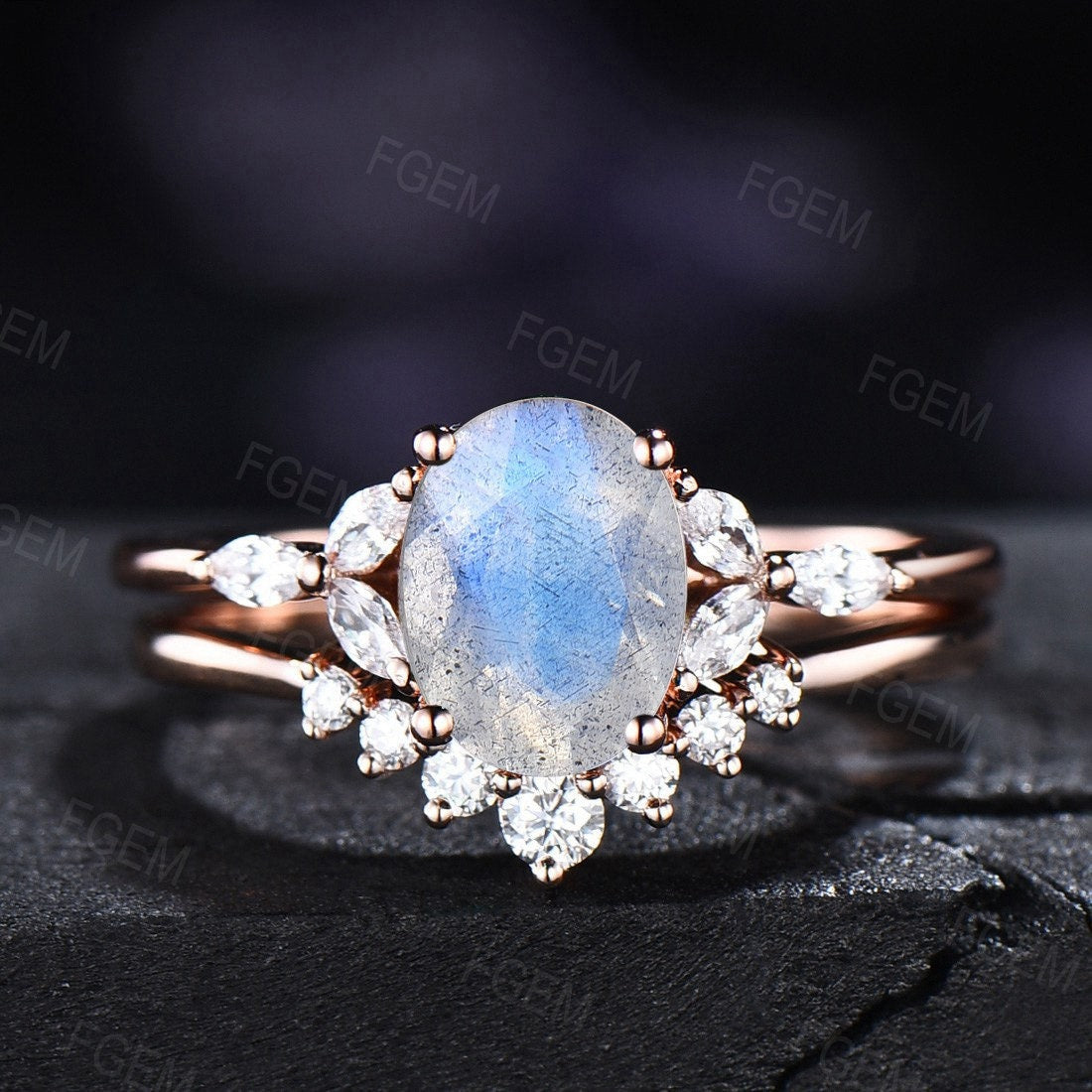 Oval Cut Natural Blue Labradorite Engagement Ring Set Spiritual