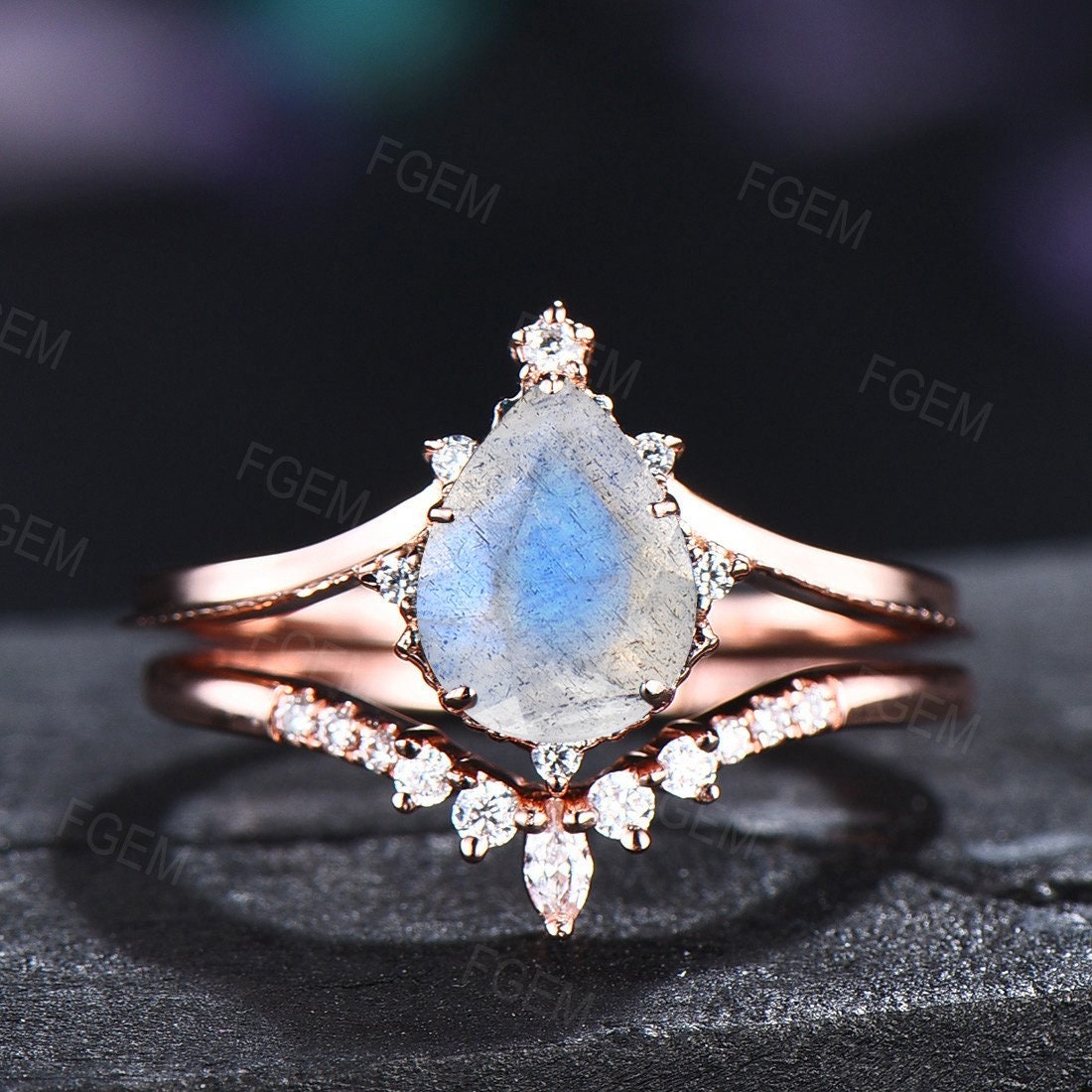 Sterling Silver Pear Shaped Natural Labradorite Engagement Ring Set Vintage Labradorite Moonstone Ring Women Blue Gemstone Bridal Ring Set