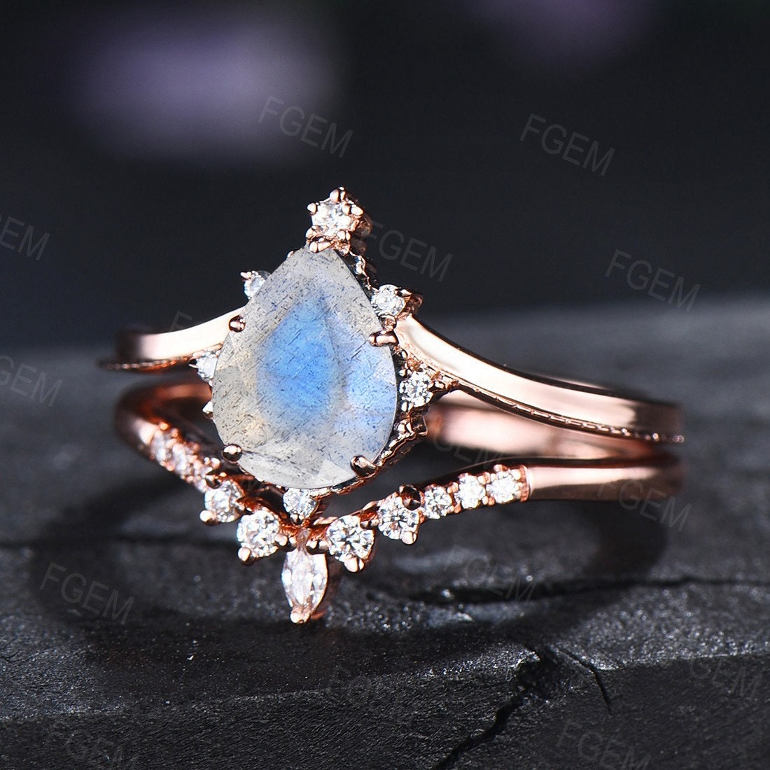 Sterling Silver Pear Shaped Natural Labradorite Engagement Ring Set Vintage Labradorite Moonstone Ring Women Blue Gemstone Bridal Ring Set