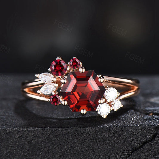 Hexagon Cut Natural Red Garnet Engagement Ring Unique Cluster Hexagon Ring 14k Gold Cluster Garnet Moissanite Ring January Birthstone Gift