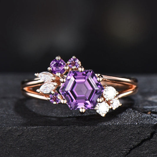 Natural Amethyst Ring 10K Gold Silver Hexagon Cluster Engagement Ring Heal Crystal Ring Split Shank Band Moissanite Amethyst Wedding Ring
