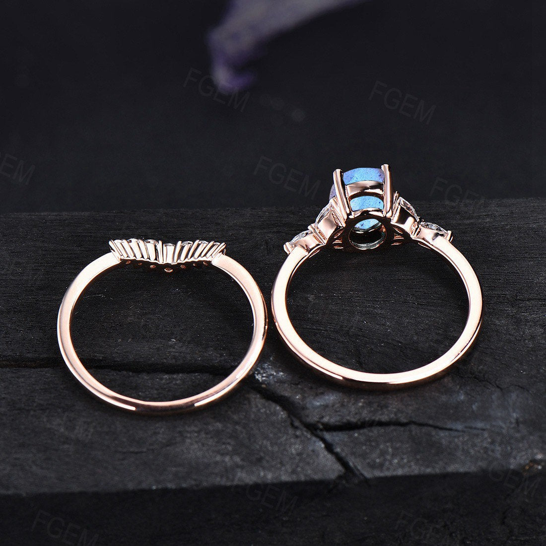 Oval Cut Natural Blue Labradorite Engagement Ring Set Spiritual Healing Crystal Ring Genuine Blue Gemstone Bridal Promise Ring Set For Women