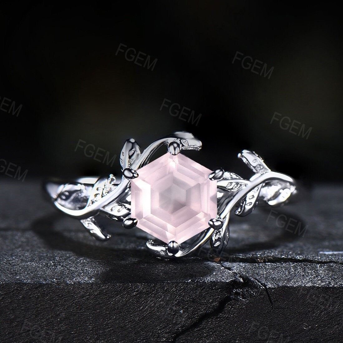 Natural Rose Quartz Ring Sterling Silver Hexagon Leaf Engagement Ring Solitaire Ring Crystal Ring Valentine's Day Jewelry Gift for Couple