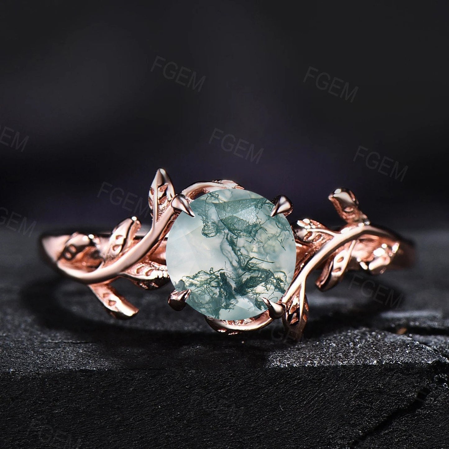 Round Cut Natural Green Moss Agate Engagement Ring Women Sterling Silver Moss Agate Leaf Solitaire Ring Alternative Gemstone Gift for Her