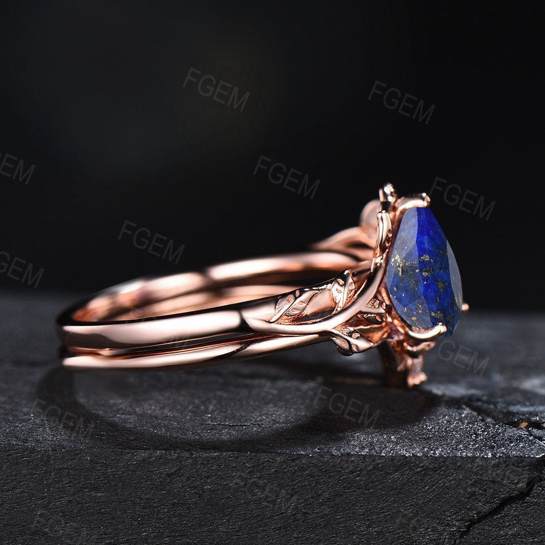 Natural Lapis Lazuli Engagement Ring Set Vintage Lapis Gold Ring Pear Shaped Promise Rings Blue Lapis Jewelry Antique Noble Gift for Women
