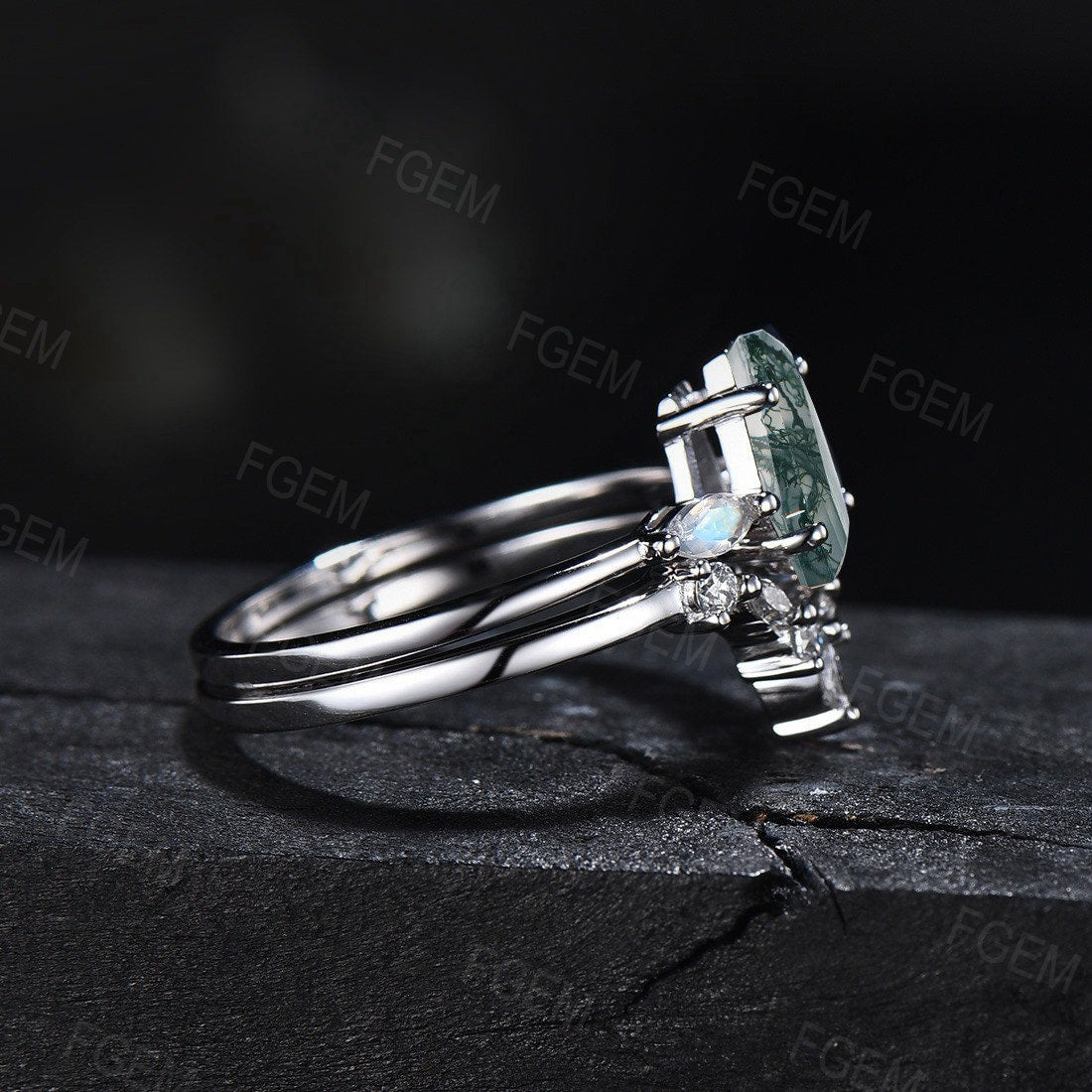 Unique Coffin Natural Moss Agate Ring Set Vintage Coffin Shape Engagement Ring Long Hexagon Moss Agate Ring Moonstone Moissanite Bridal Set