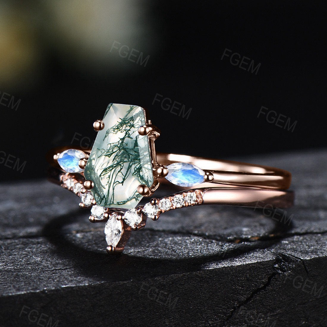 Long Hexagon Natural Moss Agate Engagement Ring Set Coffin Shaped Ring Rose Gold Marquise Cut Moonstone Ring Moissanite Wedding Ring Set