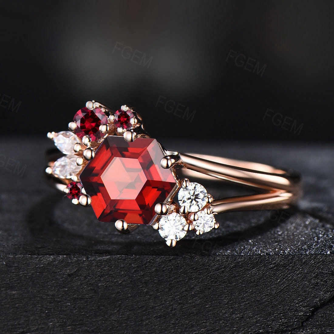 Hexagon Cut Natural Red Garnet Engagement Ring Unique Cluster Hexagon Ring 14k Gold Cluster Garnet Moissanite Ring January Birthstone Gift