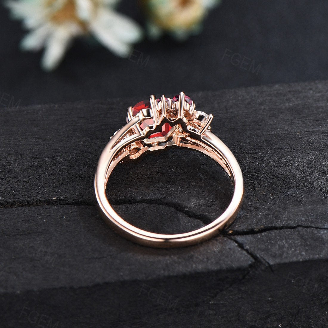 1ct Hexagon Cut Red Ruby Engagement Ring Unique 14k Rose Gold Cluster Ruby Moissanite Ring July Birthstone Jewelry Birthday Gift for Women
