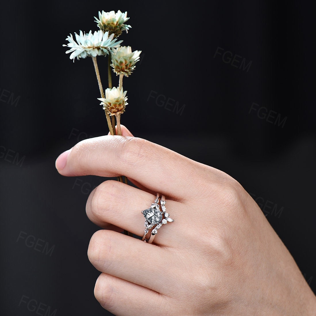 Sterling Silver Natural Black Rutilated Quartz Ring Set Pear Shaped Black Rutile Crystal Engagement Ring Anniversary Wedding Ring For Women