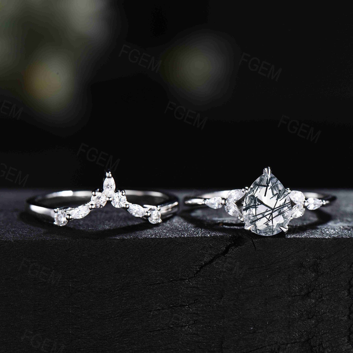 Sterling Silver Natural Black Rutilated Quartz Ring Set Pear Shaped Black Rutile Crystal Engagement Ring Anniversary Wedding Ring For Women
