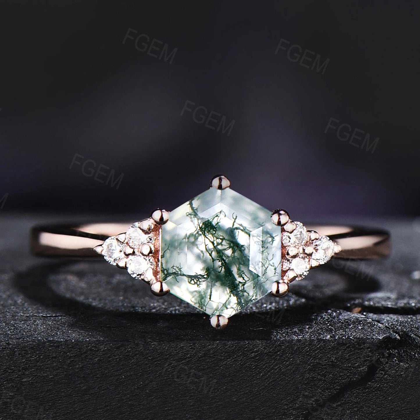 Hexagon Cut Natural Moss Agate Engagement Ring Vintage Aquatic Agate Ring Anniversary Gift Green Gemstone Ring Healing Crystal Jewelry