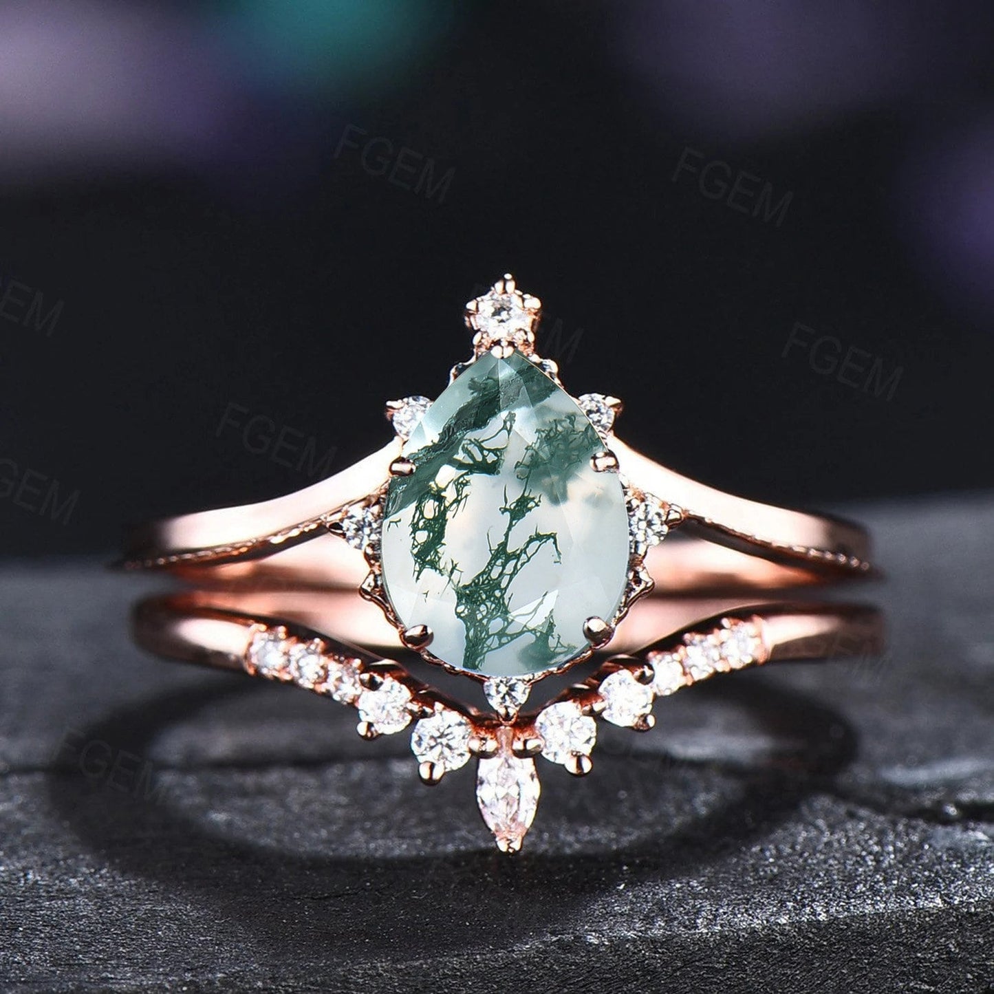 Pear Shaped Moss Agate Engagement Ring Set Sterling Silver Curve Wedding Band Rose Gold Moss Agate Bridal Set For Women Unique Proposal Gift